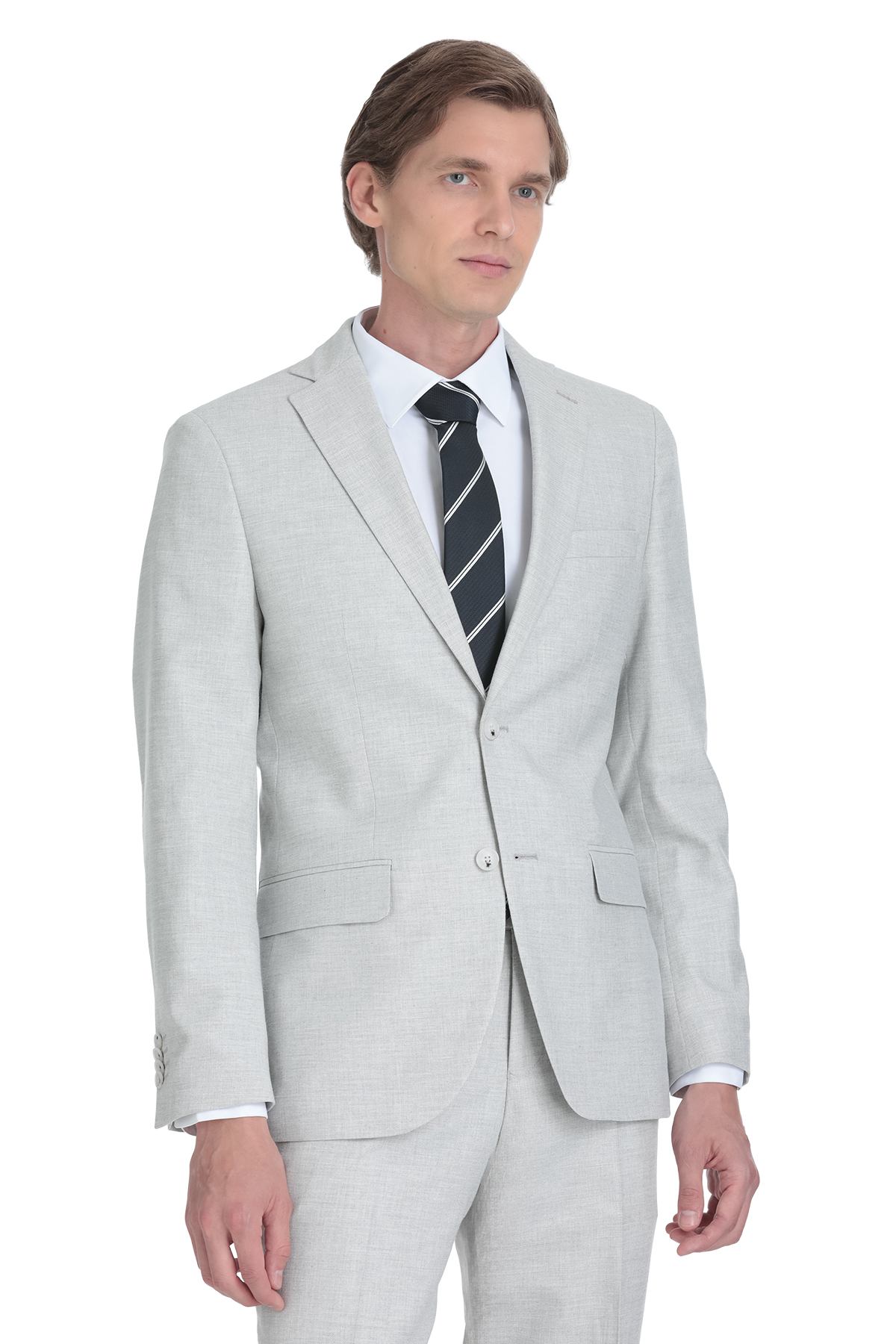 Light gray two-button suit jacket with a subtle textured weave and matching trousers.