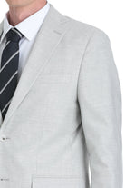 Light gray textured wool blazer with notched lapels and a subtle woven pattern.