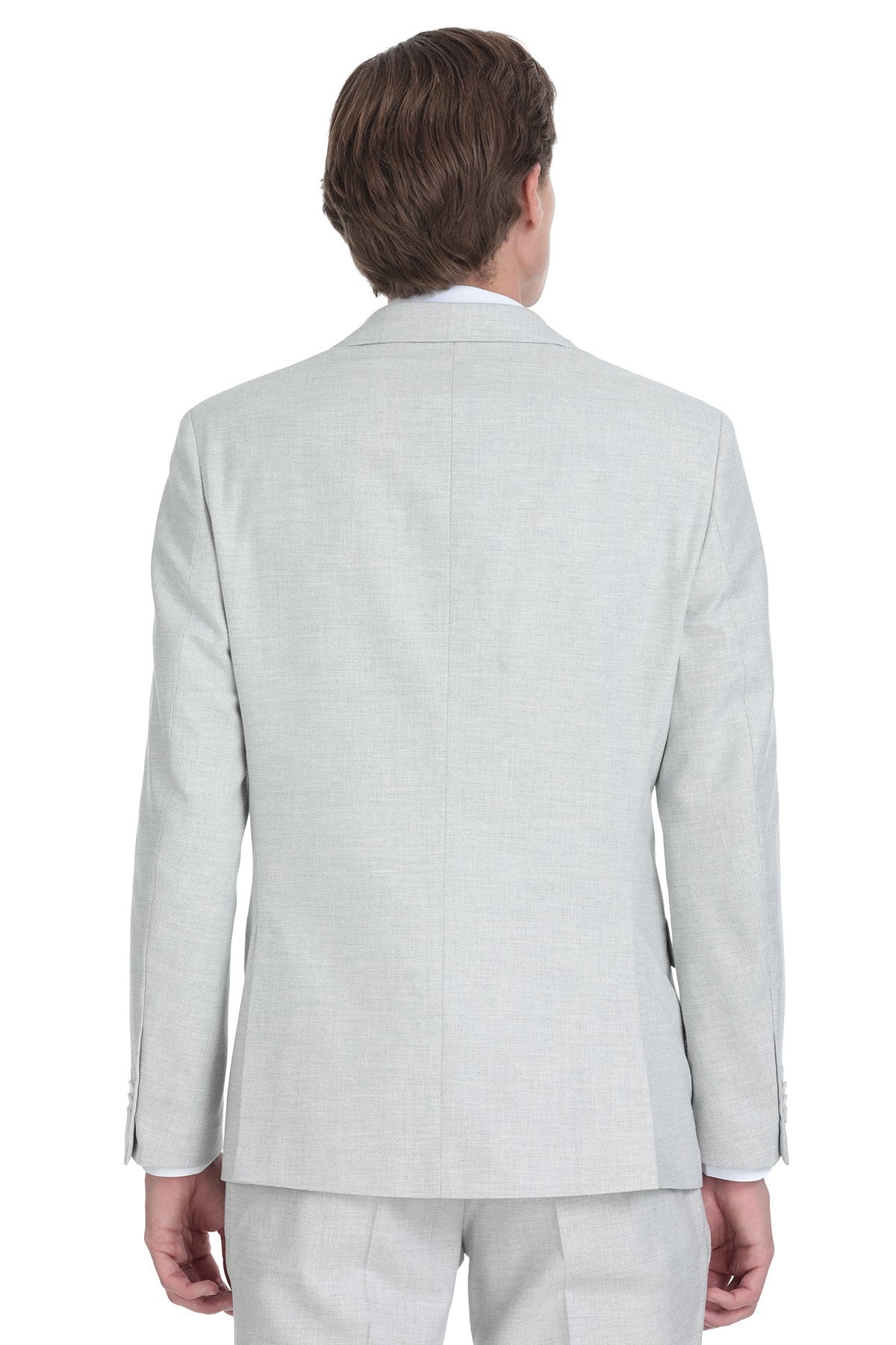 A light gray textured wool suit jacket with a classic tailored fit and subtle vertical seam detailing.