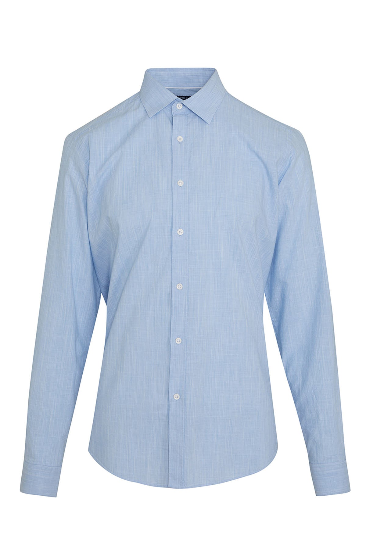 A light blue, subtly striped men’s dress shirt with a classic collar and button-down front.