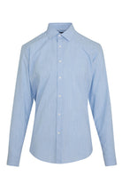 A light blue, subtly striped men’s dress shirt with a classic collar and button-down front.