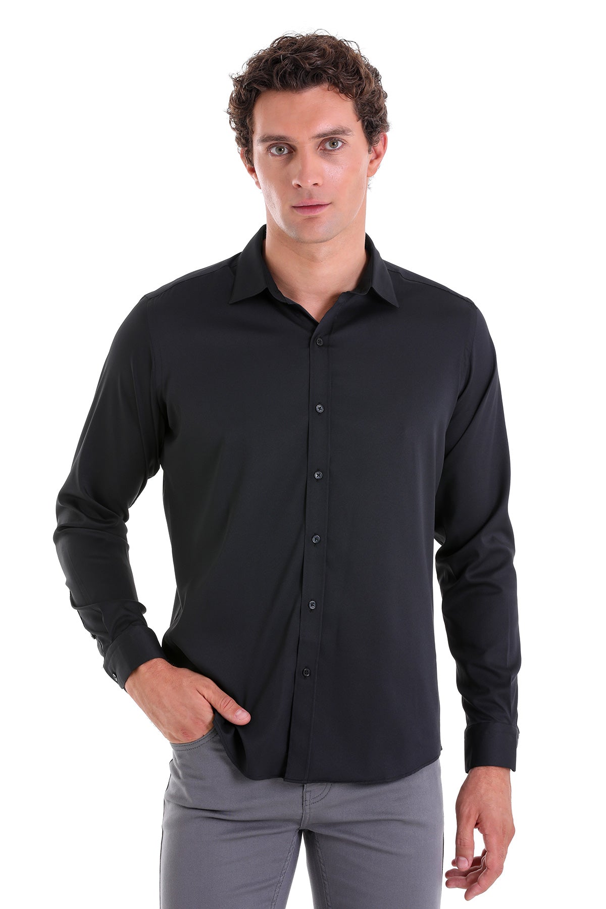 Black long-sleeved button-down shirt with a classic collar and subtle texture.