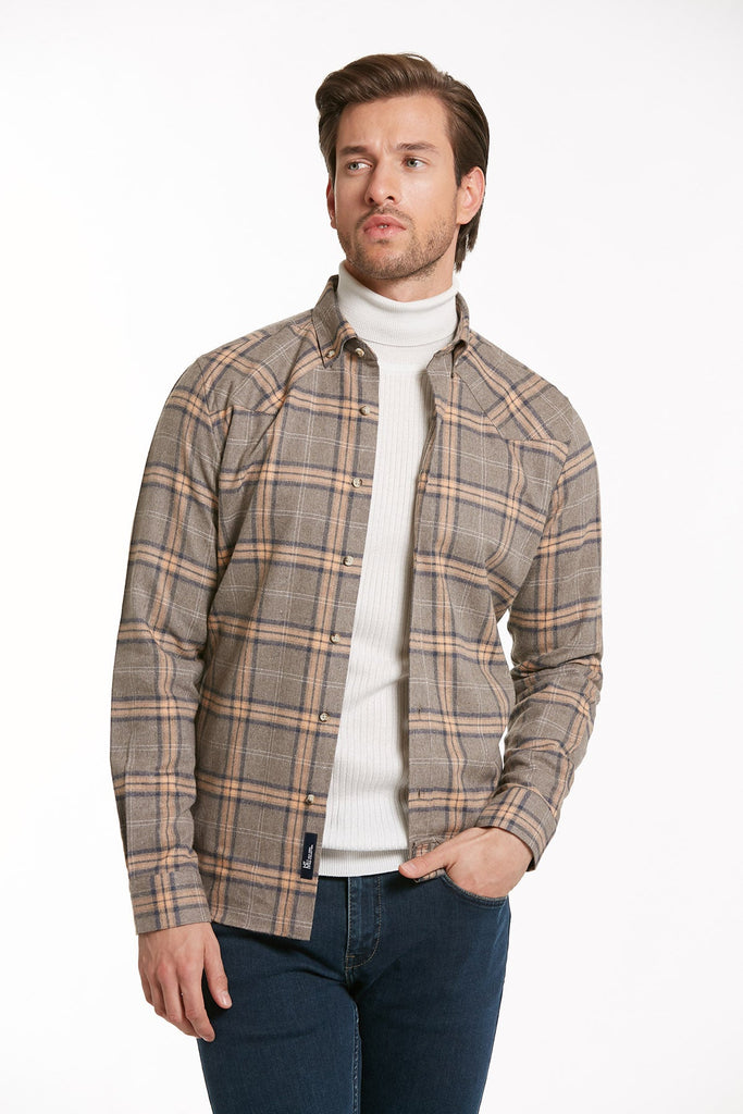 Slim Fit Long Sleeve Checked Cotton Blend Beige Casual Shirt