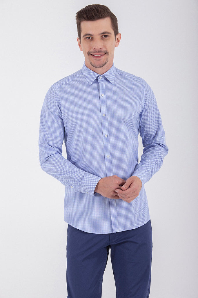 Slim Fit Long Sleeve Checked Cotton Blue Casual Shirt - MIB
