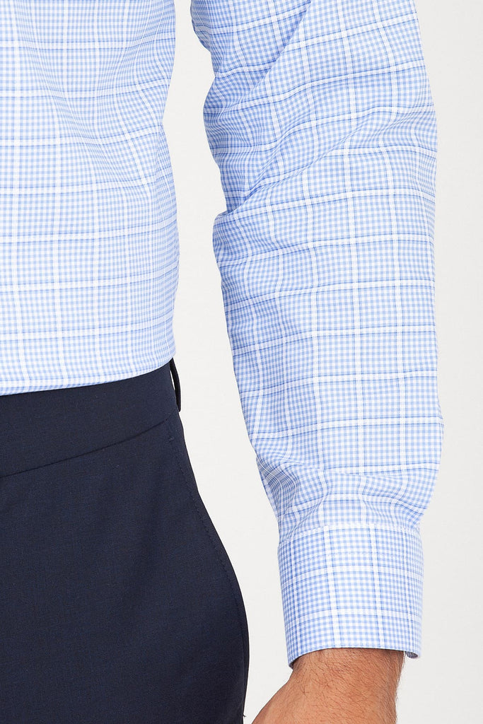 Slim Fit Long Sleeve Checked Cotton Blue Dress Shirt - MIB