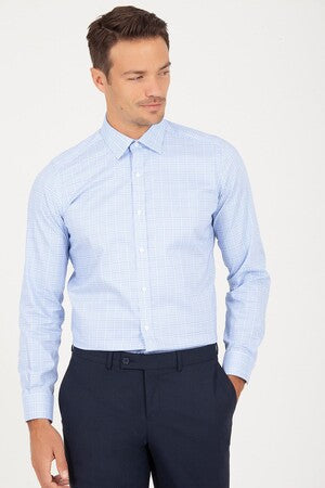 Slim Fit Long Sleeve Checked Cotton Blue Dress Shirt - MIB