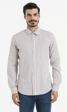 Slim Fit Long Sleeve Checked Cotton Burgundy Casual Shirt