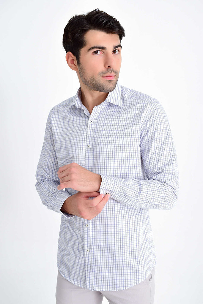 Slim Fit Long Sleeve Checked Cotton Navy Casual Shirt - MIB