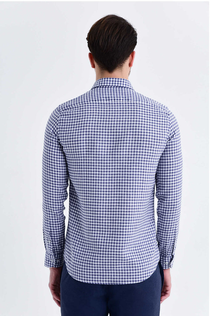 Slim Fit Long Sleeve Checked Linen Blue Casual Shirt - MIB