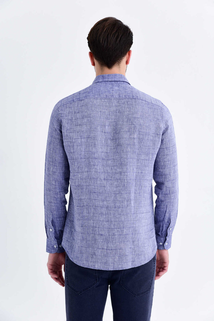 Slim Fit Long Sleeve Checked Linen Blue Casual Shirt - MIB