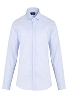 A crisp, light blue men’s dress shirt with a classic collar and button-down front.