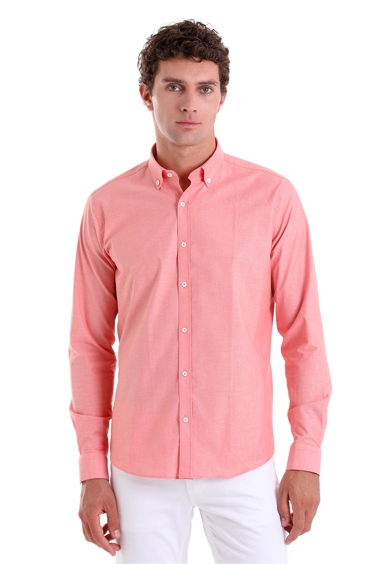 Slim Fit Long Sleeve Cotton Orange Dress Shirt - SAYKI