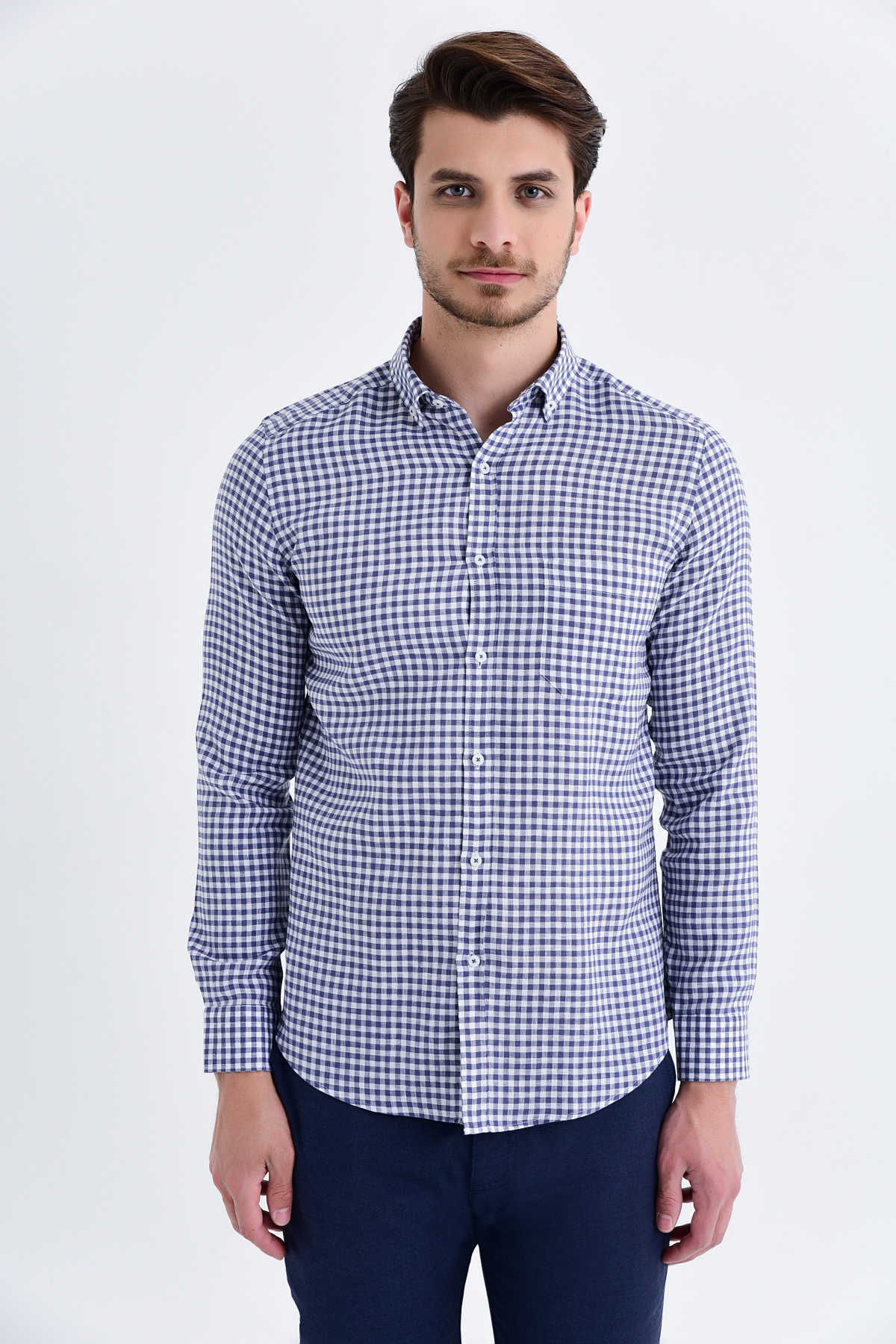 Slim Fit Long Sleeve Gingham Plaid Linen Navy Casual Shirt