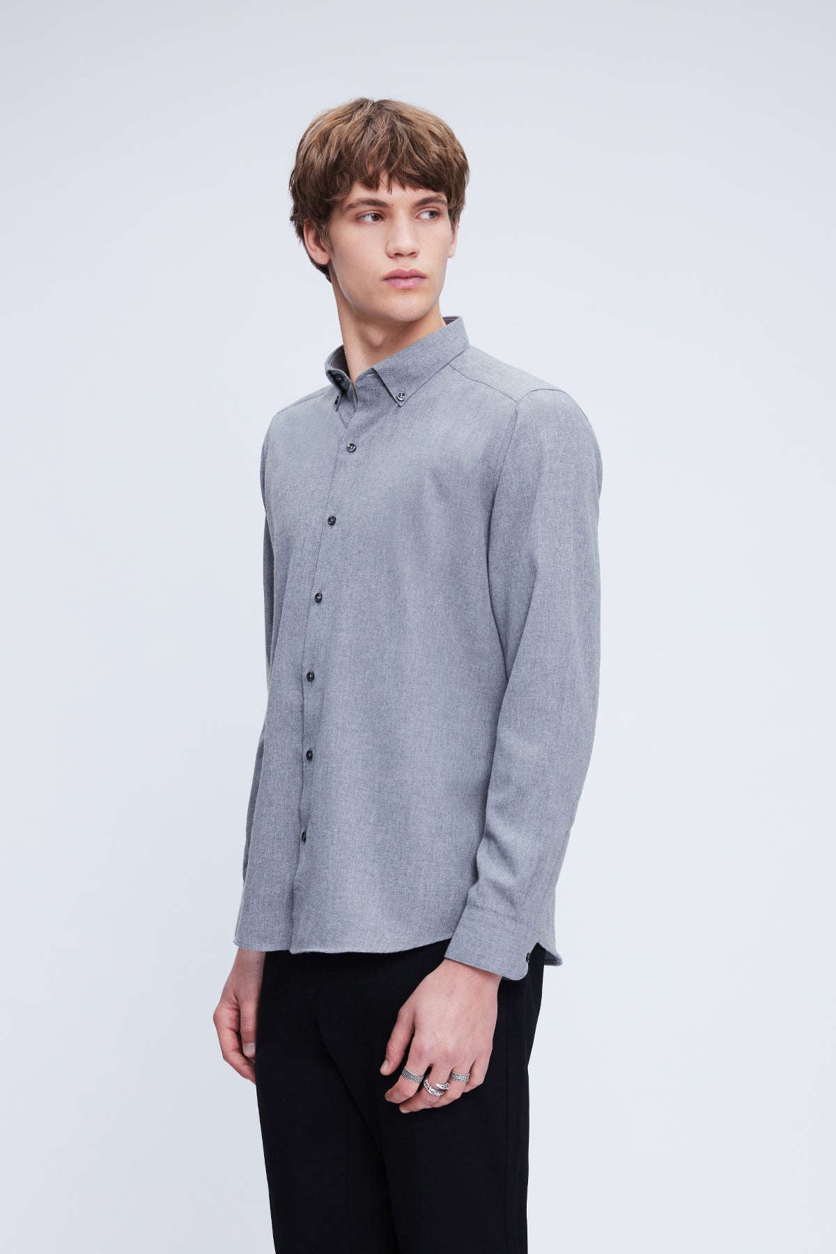 Slim Fit Long Sleeve Gray Cotton Blend Casual Shirt - SAYKI