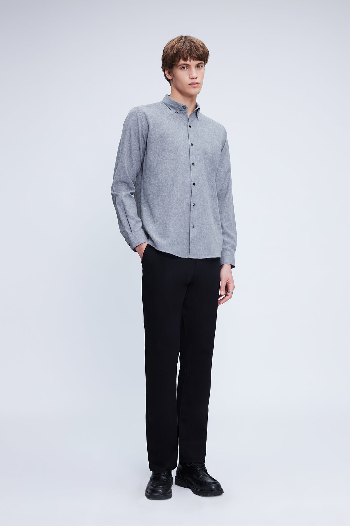 Slim Fit Long Sleeve Gray Cotton Blend Casual Shirt - SAYKI