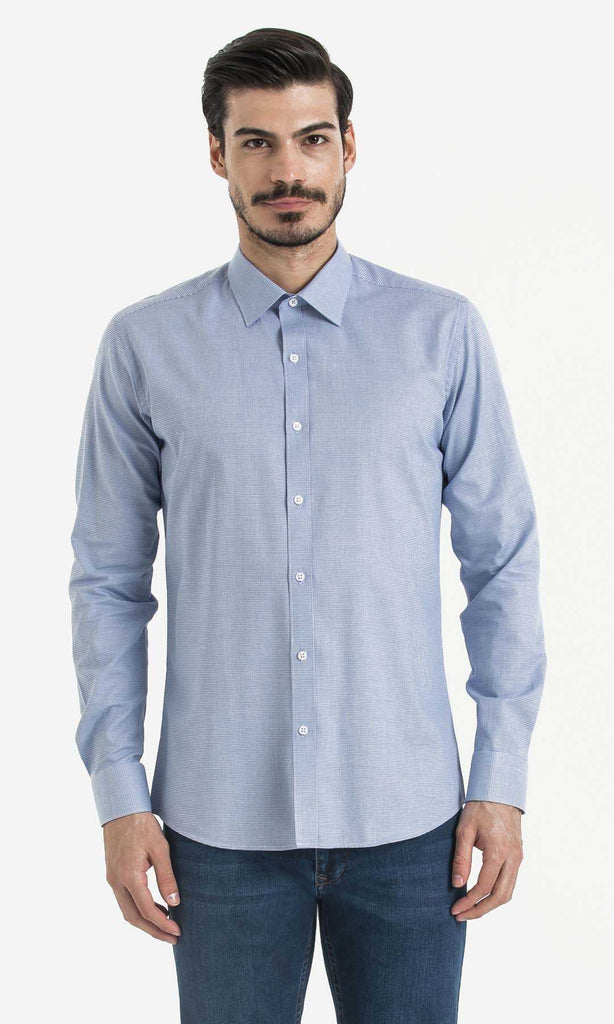 Slim Fit Long Sleeve Houndstooth Cotton Blue Casual Shirt