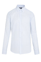 A crisp white long-sleeved dress shirt with a subtle textured pattern and classic button-down collar.