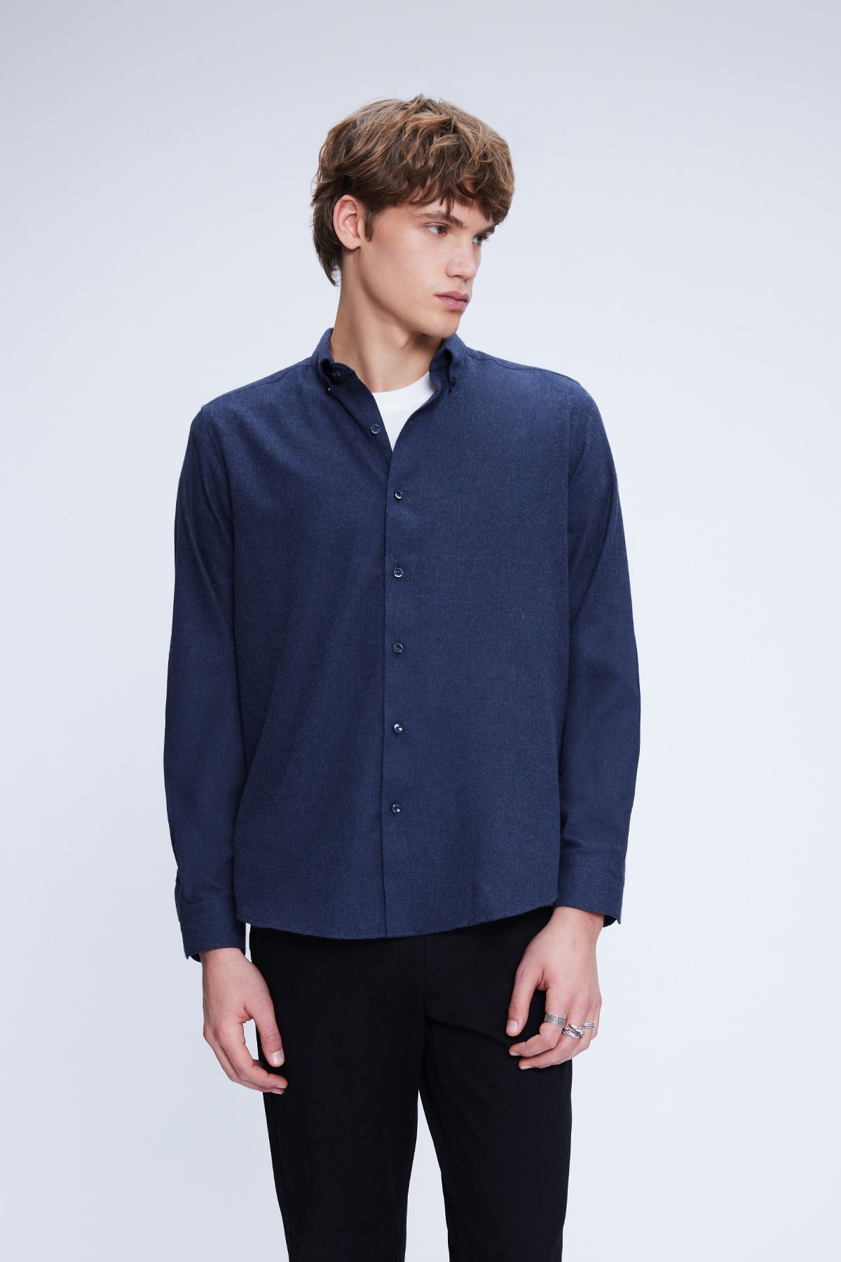 Slim Fit Long Sleeve Navy Cotton Blend Casual Shirt - MIB