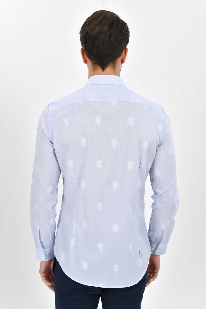 Slim Fit Long Sleeve Patterned Cotton Blue Casual Shirt