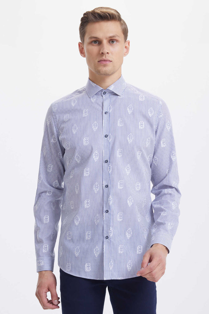 Slim Fit Long Sleeve Patterned Cotton Blue Casual Shirt -