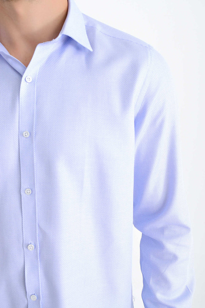 Slim Fit Long Sleeve Patterned Cotton Blue Dress Shirt - MIB