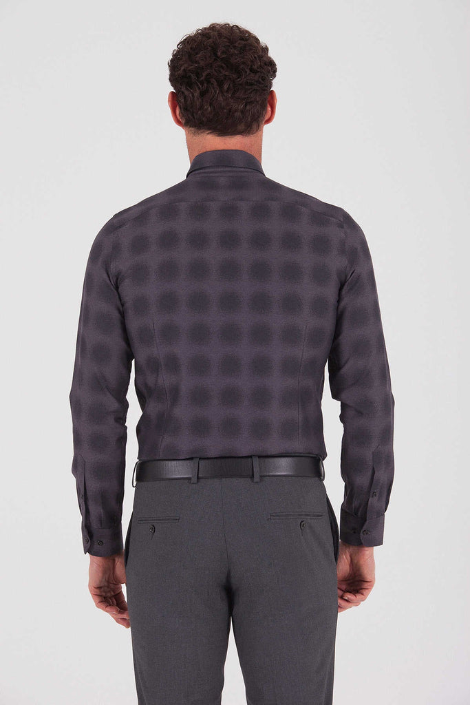Slim Fit Long Sleeve Patterned Cotton Charcoal Casual Shirt