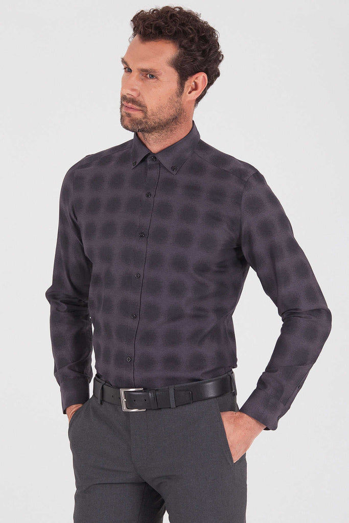 Slim Fit Long Sleeve Patterned Cotton Charcoal Casual Shirt