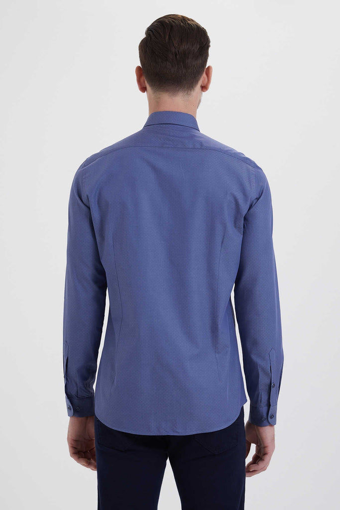 Slim Fit Long Sleeve Patterned Cotton Dark Blue Casual
