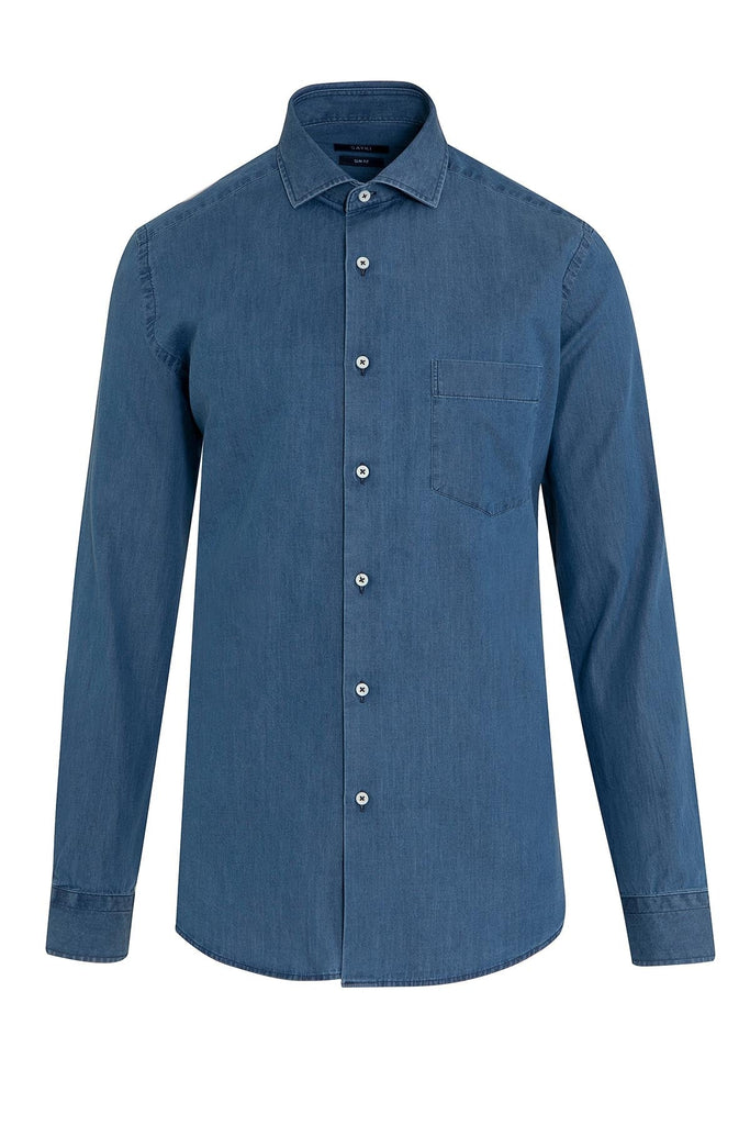 Slim Fit Long Sleeve Patterned Cotton Denim Casual Shirt