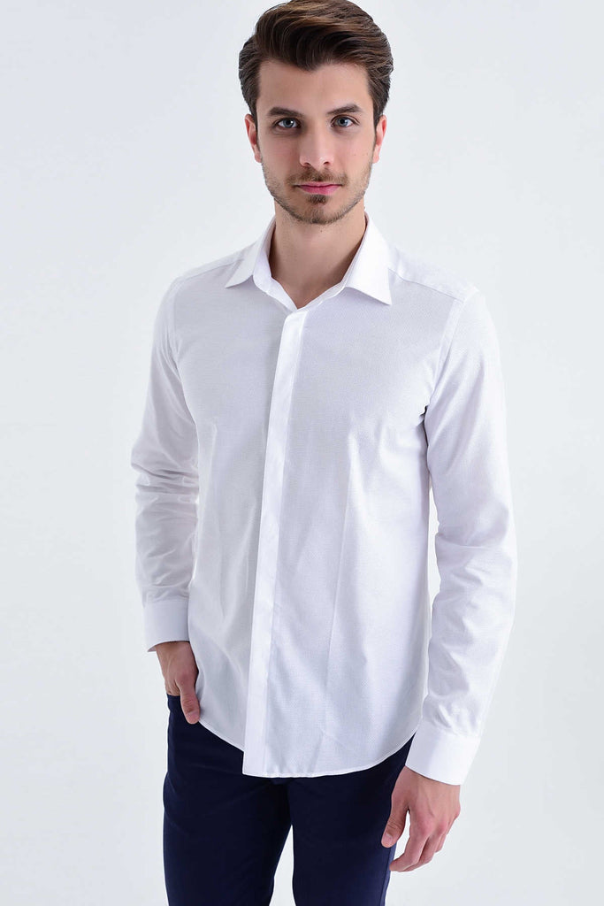 Slim Fit Long Sleeve Patterned Cotton White Casual Shirt