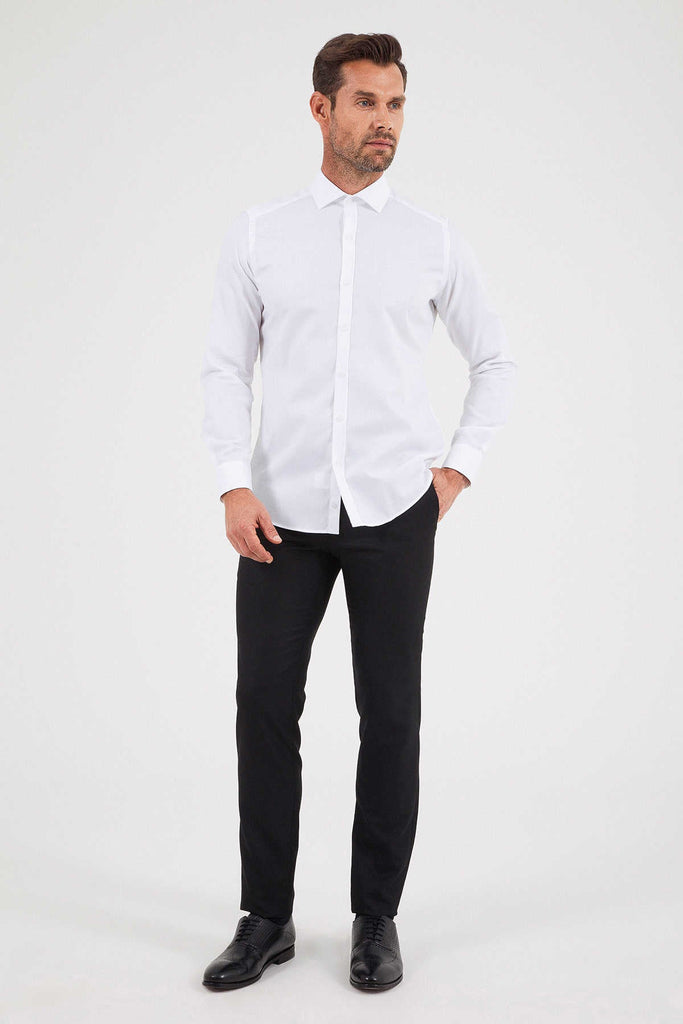 Slim Fit Long Sleeve Patterned Cotton White Dress Shirt