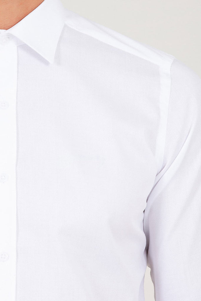 Slim Fit Long Sleeve Patterned Cotton White Dress Shirt -