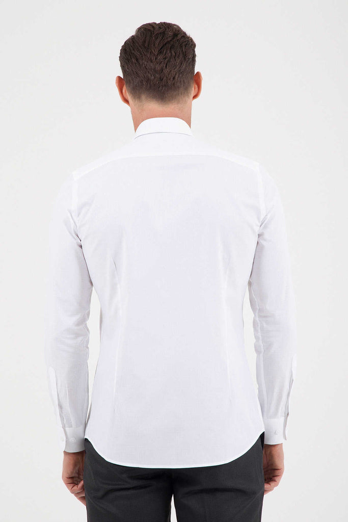 Slim Fit Long Sleeve Patterned Cotton White Dress Shirt