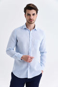 Slim Fit Long Sleeve Pin Check Linen Light Blue Casual Shirt