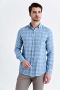 Slim Fit Long Sleeve Plaid Linen Blue Casual Shirt