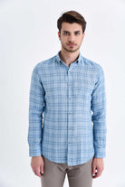 Slim Fit Long Sleeve Plaid Linen Blue Casual Shirt - MIB