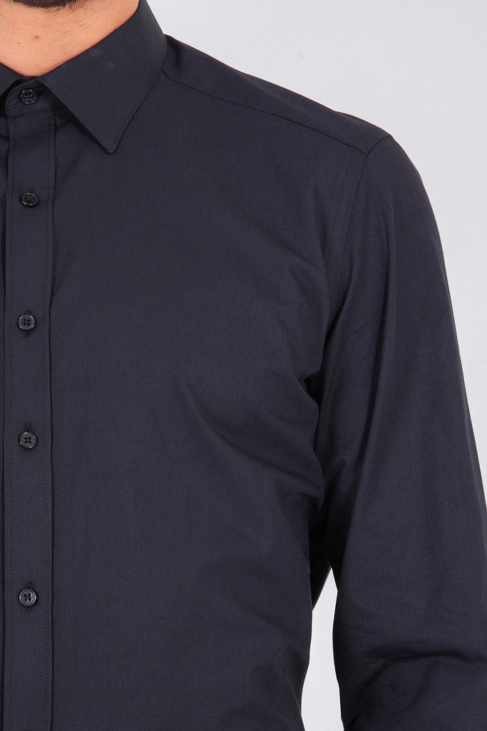 Slim Fit Long Sleeve Plain Cotton Black Dress Shirt - MIB