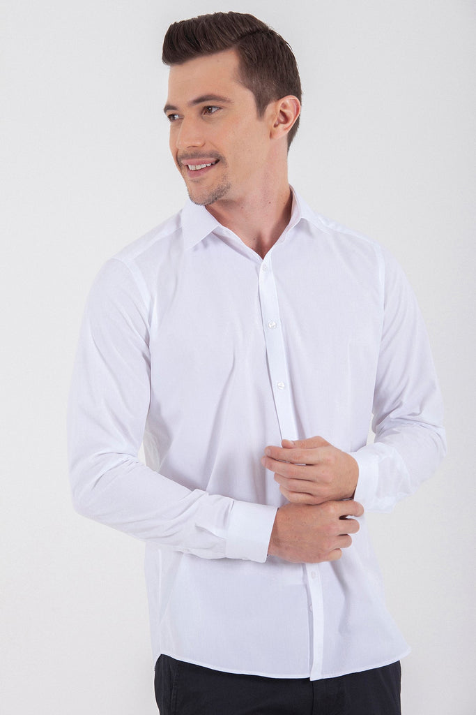 Slim Fit Long Sleeve Plain Cotton Blend Navy Dress Shirt -
