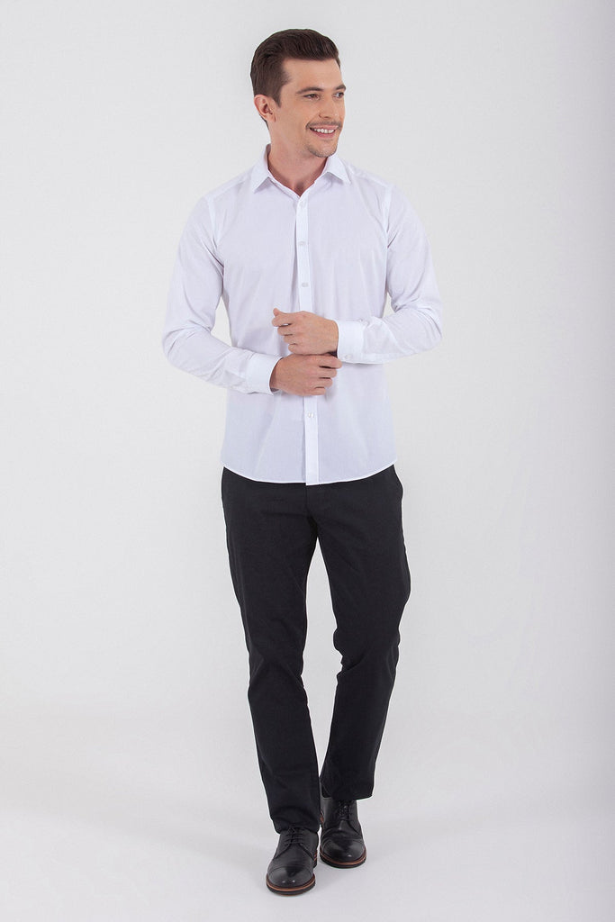 Slim Fit Long Sleeve Plain Cotton Blend Navy Dress Shirt -