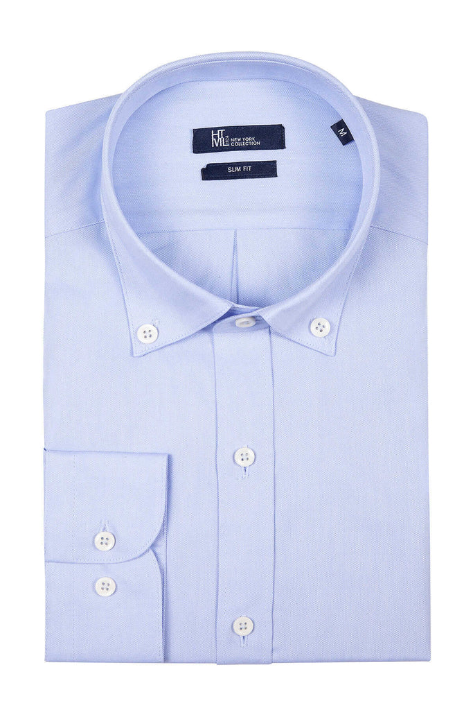 Slim Fit Long Sleeve Plain Cotton Blue Casual Shirt - Casual