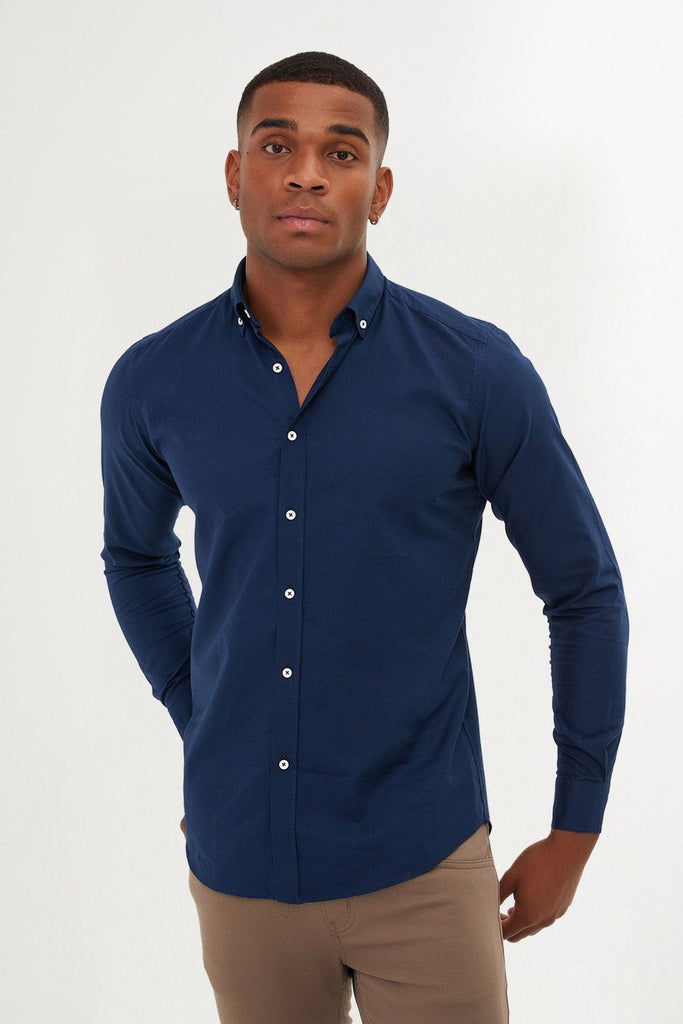 Slim Fit Long Sleeve Plain Cotton Blue Casual Shirt - MIB