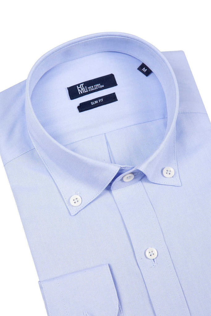 Slim Fit Long Sleeve Plain Cotton Blue Casual Shirt - Casual