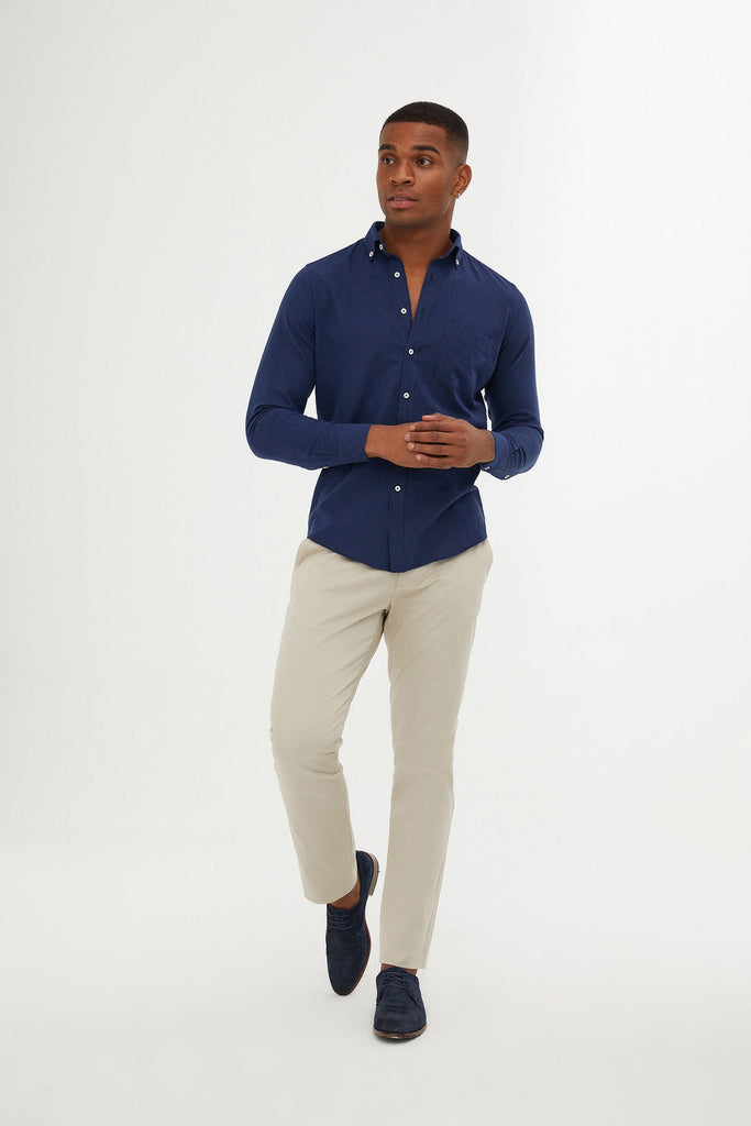 Slim Fit Long Sleeve Plain Cotton Navy Casual Shirt - MIB