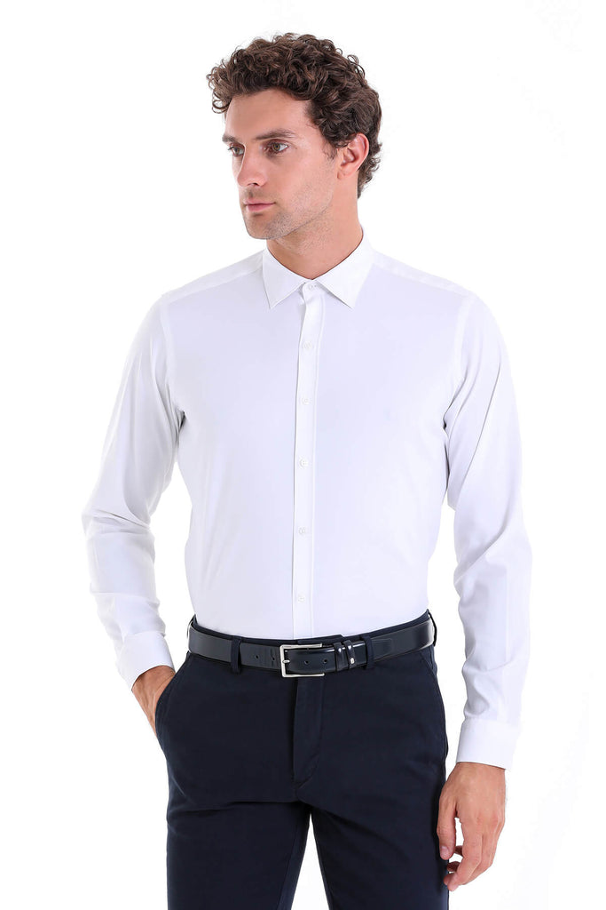 Slim Fit Long Sleeve Plain Polyester Blend White Casual