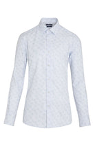 A crisp white men’s dress shirt with a subtle, all-over pattern of tiny geometric shapes.