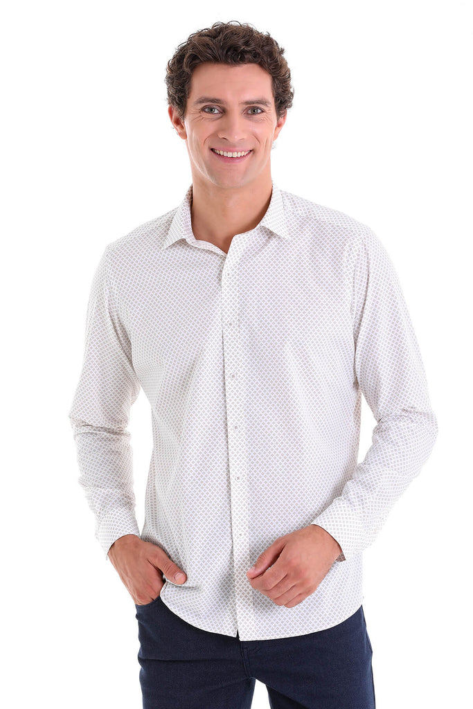 Slim Fit Long Sleeve Printed Cotton Beige Casual Shirt - MIB