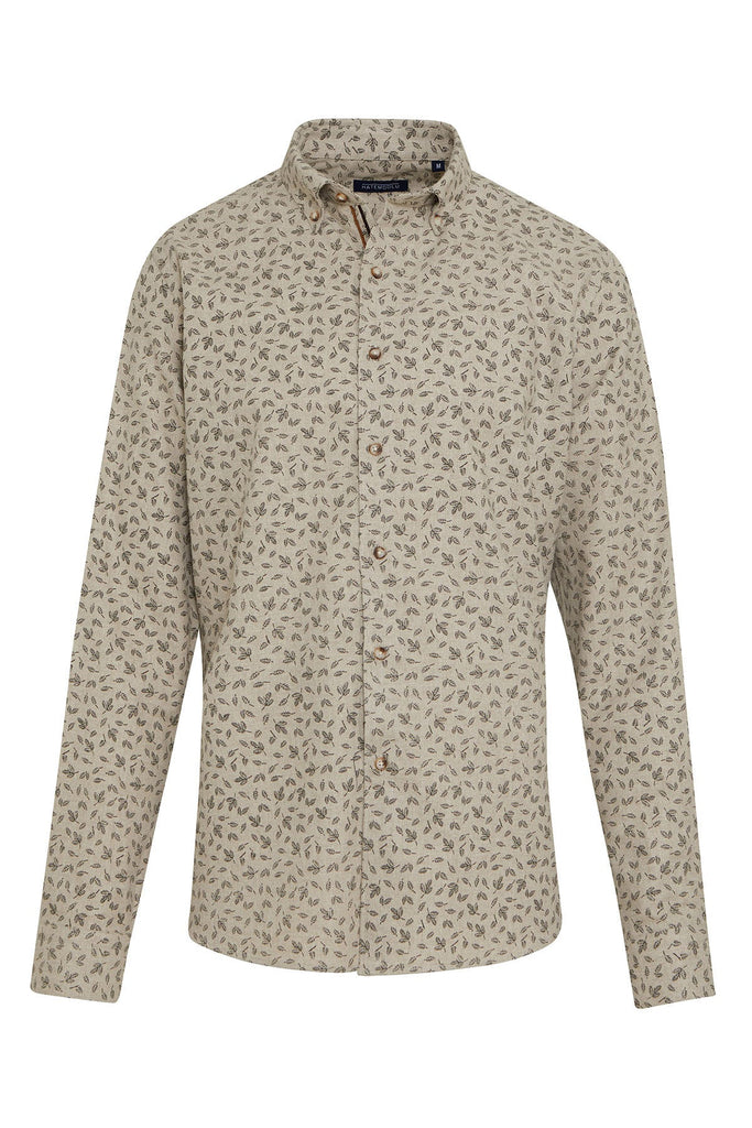 Slim Fit Long Sleeve Printed Cotton Blend Beige Casual Shirt