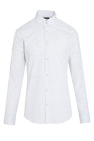 White men’s button-down shirt with a subtle dot pattern and a branded collar label.