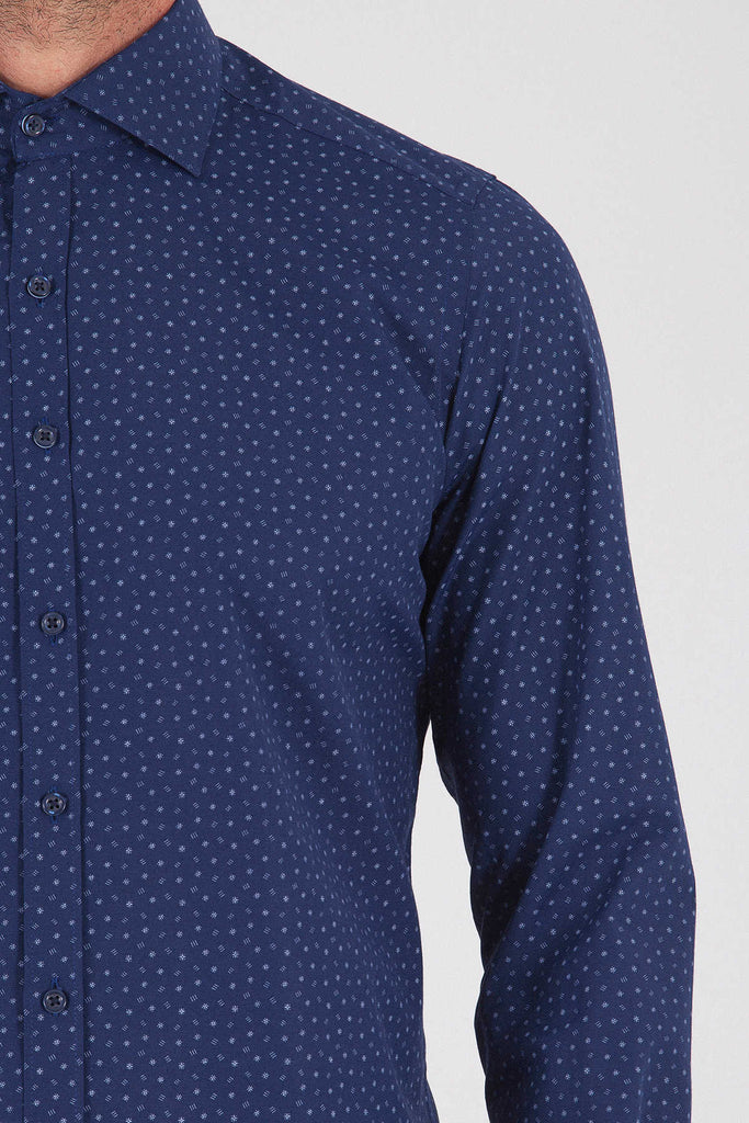 Slim Fit Long Sleeve Printed Cotton Blend Navy Dress Shirt -