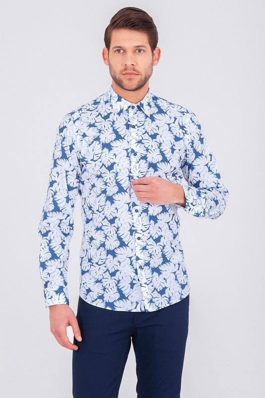 A men’s long-sleeved button-up shirt featuring a vibrant blue and white tropical leaf pattern.